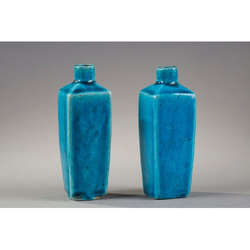 Two small vases in turquoise blue biscuit